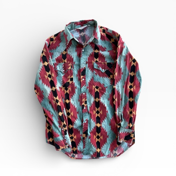Vintage 70s/80s Rancher Aztec Pearl Snap Shirt Mens Large Tall - Picture 1 of 10